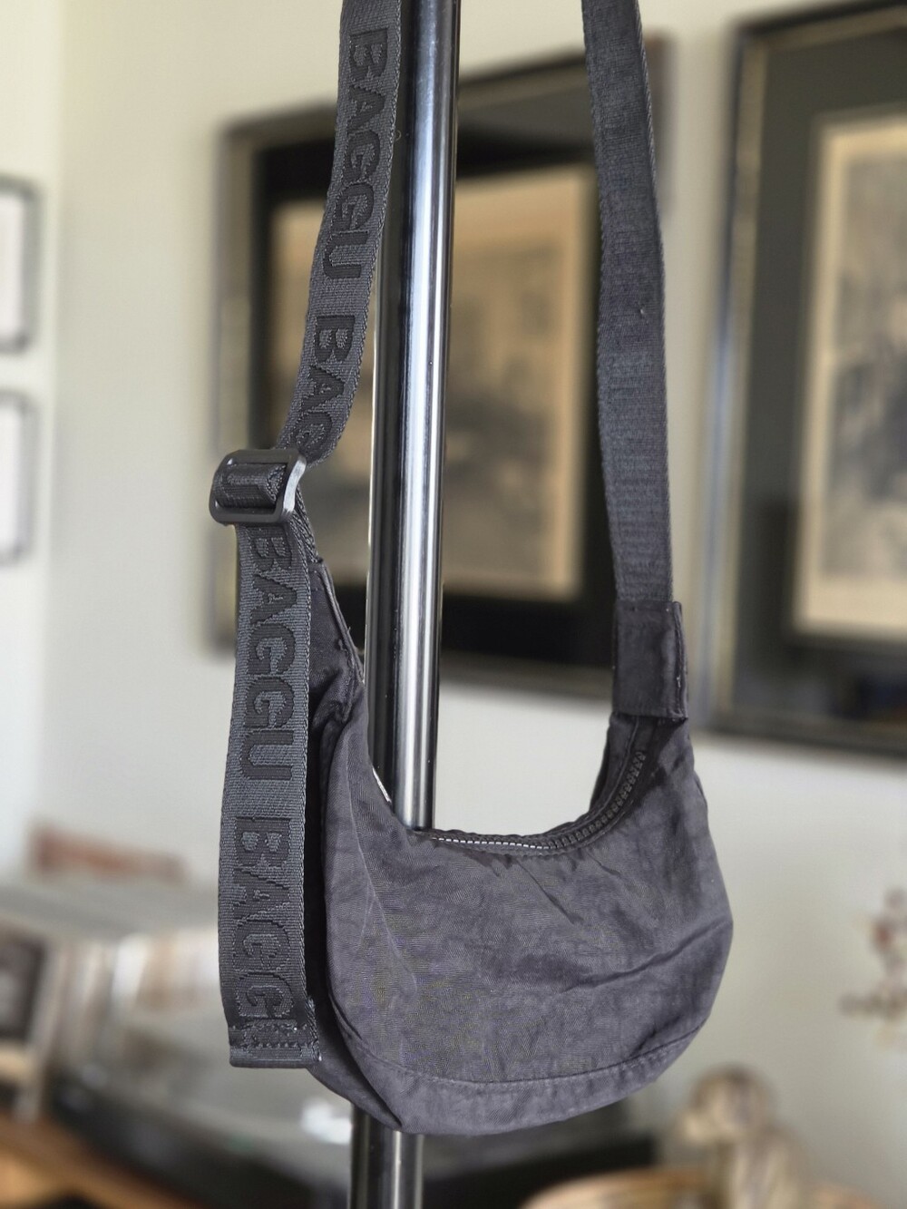 BAGGU Black Mini Crescent Crossbody Bag with Logo Strap